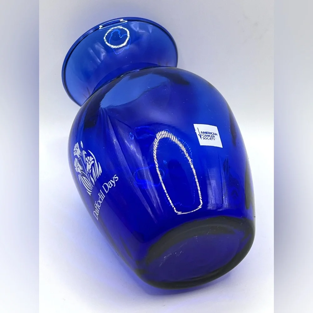 Cobalt Blue American Cancer Society 'Daffodil Days' Swirl Pattern Glass Vase 5.5